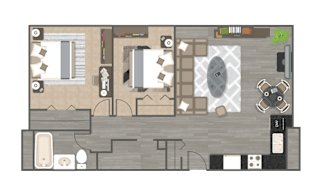 A floor plan of a house with a kitchen, living room, and bathroom.