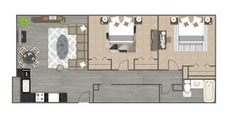 A top-down view of a room with a dining table, two couches, a kitchen area, and a bathroom.