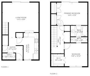 A floor plan of a two-story home with a living room, kitchen, and two bedrooms.