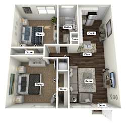 a 3d rendering of a floor plan with a bedroom and a living room
