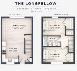 A floor plan of a two bedroom, one bath townhouse.