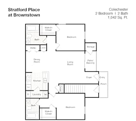 A floor plan of a 2 bedroom, 2 bath apartment at Stratford Place at Brownstown.