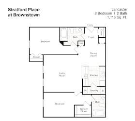 A floor plan for a 2 bedroom, 2 bathroom apartment at Stratford Place at Brownstown.
