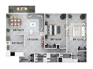 A floor plan of a house with labeled rooms and appliances.