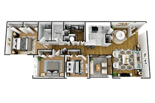 3d furnished floor plan of a 1 bedroom apartment