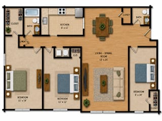 A floor plan of a house with three bedrooms, a living room, a kitchen, a bathroom, and a closet.