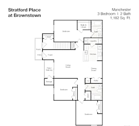 A floor plan of a 3 bedroom, 2 bathroom apartment at Stratford Place at Brownstown, Manchester.