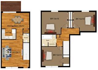 A floor plan of a house with a dining area, powder room, and laundry room.