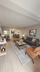 A modern living room with a grey rug and a brown leather chair.