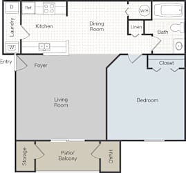 A floor plan of a house with a living room, dining room, kitchen, and bedroom.