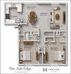 A floor plan of a one bedroom apartment at The Axis Edge.