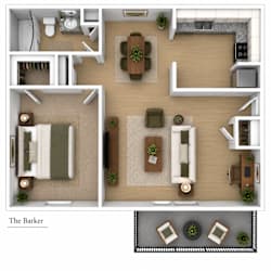 A top-down view of a living room, kitchen, and dining area in a house named "The Barker".