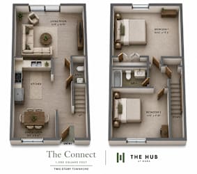 A diagram of a two story townhouse layout with a living room, kitchen, dining room, and two bedrooms.
