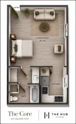 A floor plan of a 441 square foot apartment at The Hub at Nora.
