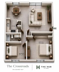 A floor plan of a house with a dining room, living room, kitchen, and two bedrooms.