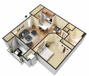 A 3D floor plan of a house with a kitchen, living room, and two bedrooms.