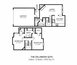 A black and white floor plan of a two bedroom, one bathroom apartment.