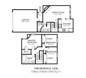 A black and white diagram of a 3 bedroom, 15 bathroom apartment.