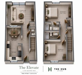 A floor plan of a two story townhome with a living room, dining room, kitchen, and two bedrooms.