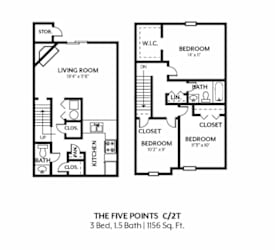 A floor plan of a 3 bedroom, 1.5 bathroom apartment.