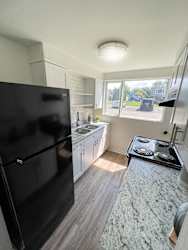 A black fridge in a kitchen with a black stove top.