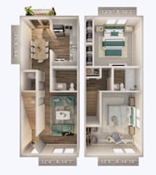 A set of four images showing different layouts of a room with dimensions.