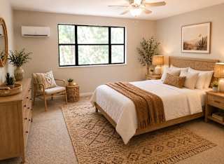 A bedroom with a large bed, a chair, and a rug.