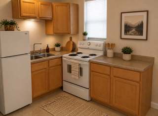 A kitchen with a white refrigerator, white stove, and wooden cabinets.