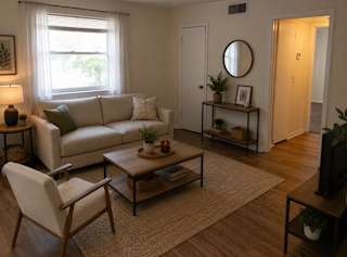A living room with a white sofa, a wooden chair, and a coffee table.