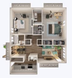 A 3D floor plan of a house with four different rooms.
