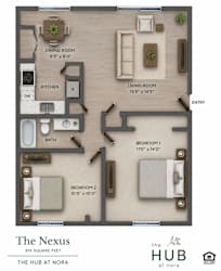 A floor plan of a 819 square feet apartment at The Hub at Nora.