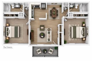 A floor plan of a two-bedroom apartment with a living room, kitchen, and bathroom.