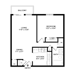 A black and white image of a house floor plan with a living room, dining room, kitchen, bathroom and bedroom.