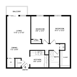 A black and white image of a floor plan for a home with a balcony, living room, dining room, kitchen, and two bedrooms.