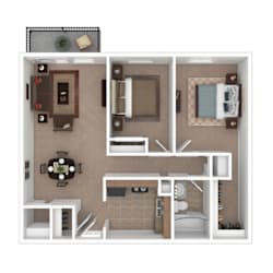 A 3D floor plan of a small apartment with a kitchen, living room, and bathroom.