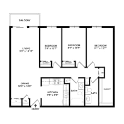 A black and white image of a floor plan for a home with a balcony.