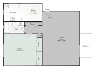 A floor plan of a home showing a living room, dining room, kitchen, and two bedrooms.