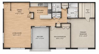 A floor plan of a home with a living room, dining area, kitchen, and multiple bathrooms.