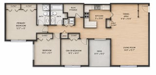 A floor plan of a house with a primary bedroom, a den or bedroom, a patio, a living room, a kitchen, and a dining area.