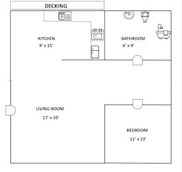 A black and white image of a floor plan for a small apartment.