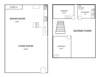 A floor plan of a house with a porch, dining room, living room, and two bedrooms.