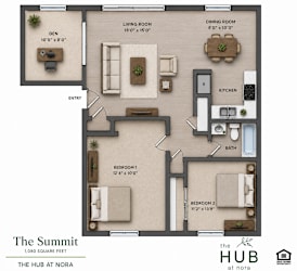 A floor plan of a one bedroom apartment at The Hub at Nora.