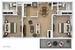 A floor plan of a two-bedroom apartment named The Tuscany.