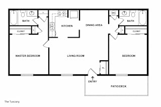 A floor plan of a house layout with a kitchen, dining area, and two bedrooms.