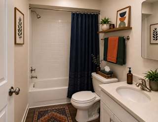 A bathroom with a white toilet, a white sink, a white bathtub, a white rug, a white towel, a white door, a white wall, a white mirror, a white shelf, a white plant,