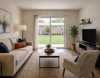 A living room with a couch, chair, and television.