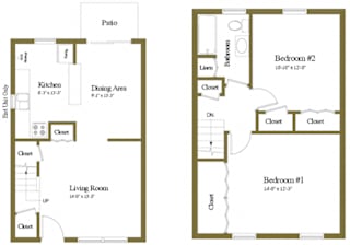 2 Bedroom 1 bathroom Floorplan at Yorktowne Townhomes Apartments, Hanover, PA