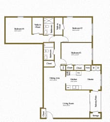 3 bedroom 2 bathroom floor plan  at Ivy Hall Apartments*, Towson, MD 21204