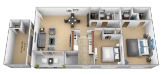 2 bedroom 2 bathroom 3D floor plan at The Village of Pine Run Apartments in Windsor Mill, MD