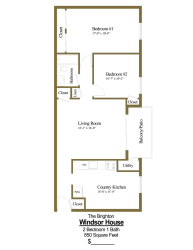 2 bedroom, 1 bathroom floor plan at Windsor House Apartments in Middle River, MD
